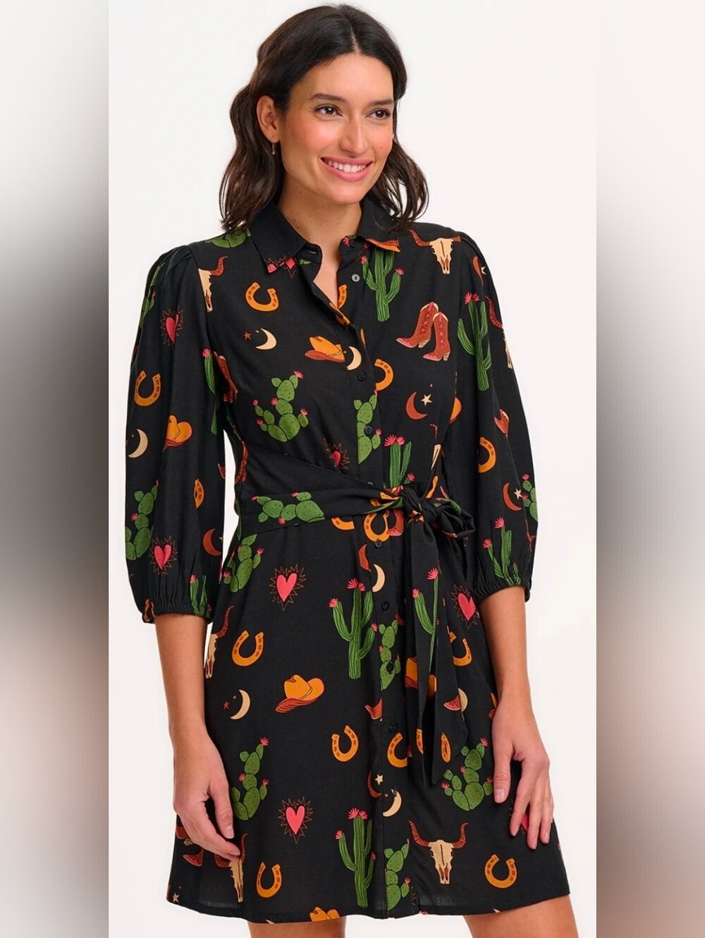 Sugarhill Brighton Black Western Print Tie-Waist Shirt Dress Size 8